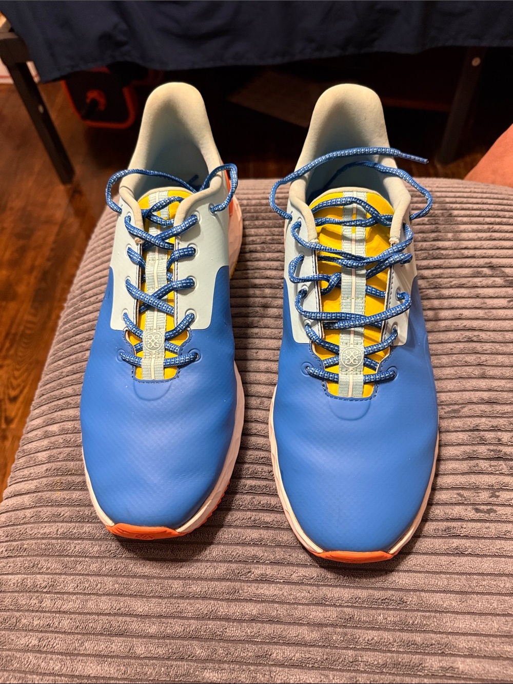 G/FORE Blue Athletic Lace-Up Golf Shoes with Yellow Accents ( staining on top)